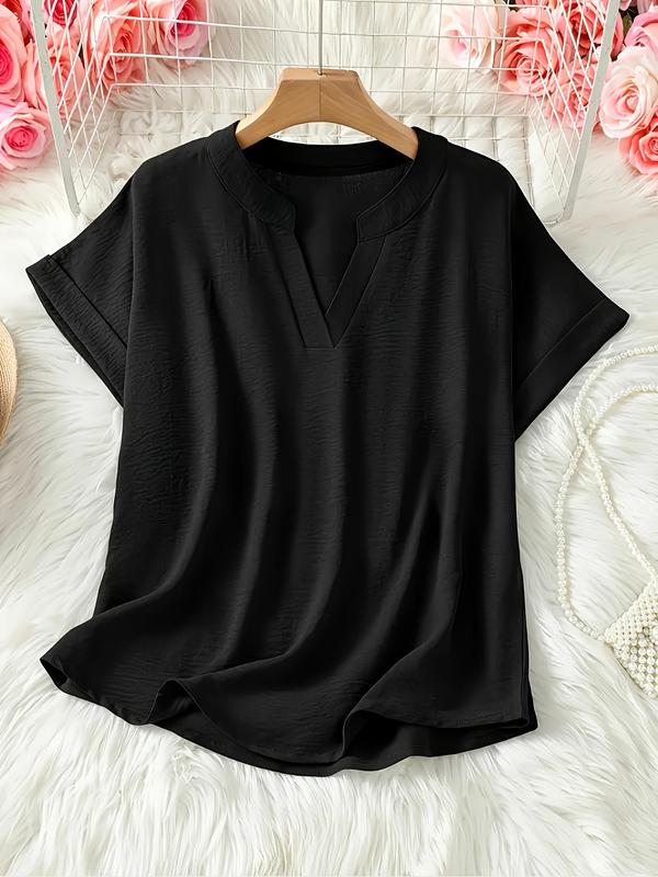【Plus Size】 Solid Notched Neck Blouses, Casual Top for Summer, Women's Clothing for Daily Wear 1