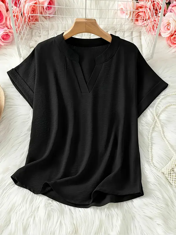 【Plus Size】 Solid Notched Neck Blouses, Casual Top for Summer, Women's Clothing for Daily Wear 1