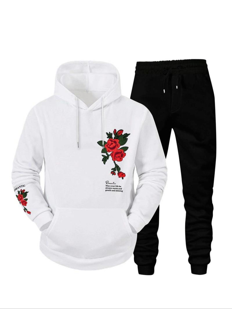 Product Introduction of Men's Regular Fit Rose Print Hoodie & Sweatpants Set, Casual Long Sleeve Hooded Sweatshirt & Jogger Pants, Men's Spring & Fall Clothes 1