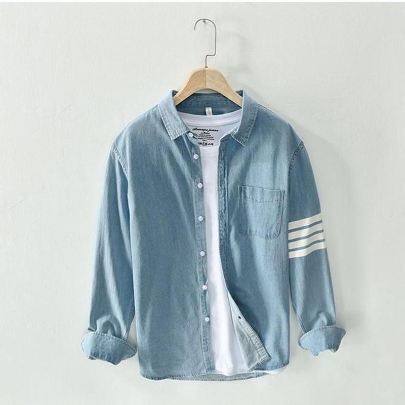 Áo sơ mi denim TOPMEN chất vải thoáng mát in viền tay cao cấp nam nữ Menswear Có Cổ sominam  dep ao  nam