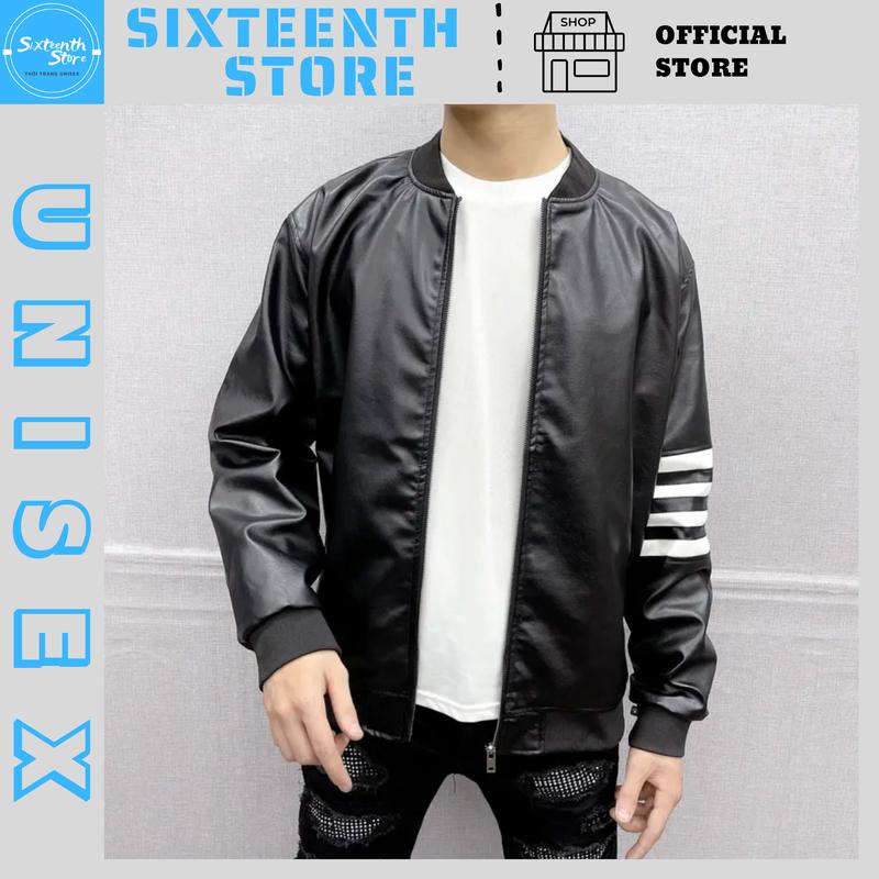 Áo Khoác Da Đen Nam Nữ Phối Tay Vạch Trắng Menswear Jacket