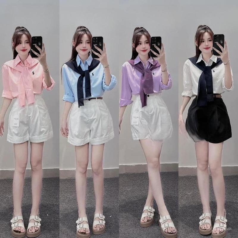 Sơ mi lụa chất mềm mịn mát thêu hình ngựa kèm khăn quàng xinh Top Áo Nữ Women Kem