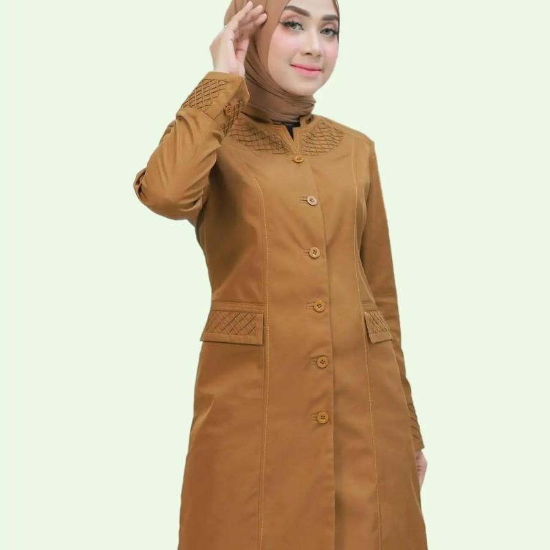 Seragam Kerja Tunik Stik Kotak Blazer Khaki Tua Setelan Rok Span/Rok.A/Celana Panjang/Atasan Saja Katun Free Hijab Putih Wanita 0