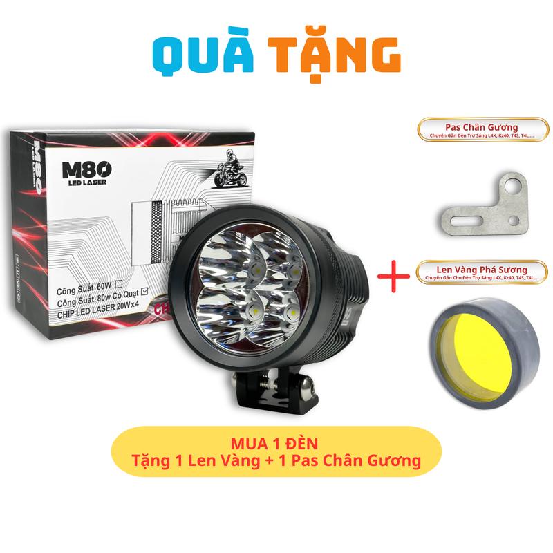 Đèn LED Trợ Sáng M80 Laser - 80W 12,24V 6000K Sáng Trắng Gom Chiếu Xa Trên 200m Lắp Oto Xe Máy Có Quạt Tản Nhiệt- Bảo Hành 12 Tháng
