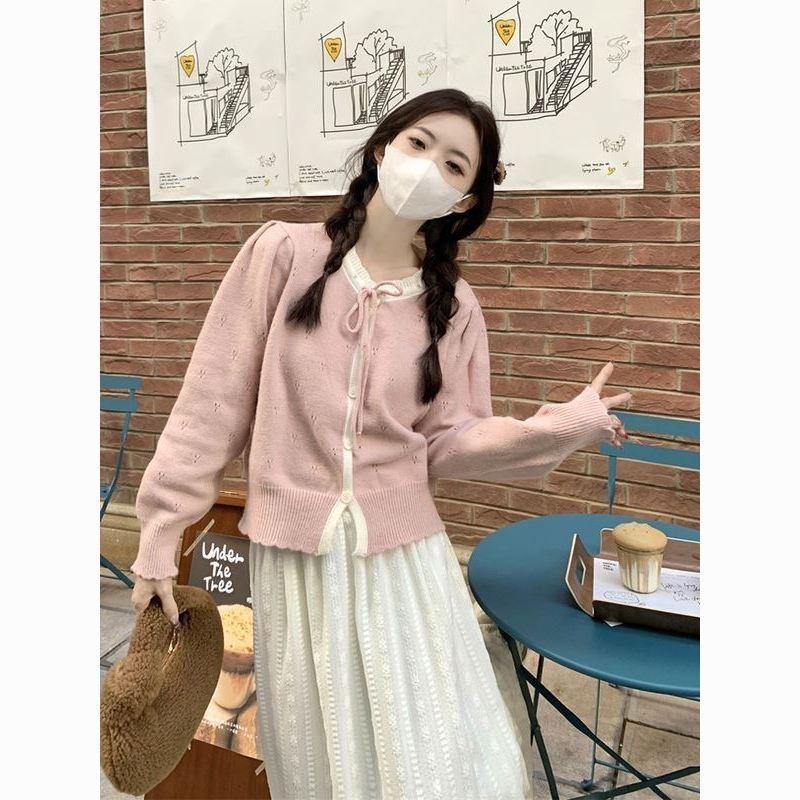 Áo Khoác Len Cổ Phối Nơ Phối 2 Màu Xinh Xắn Nhiều Màu Kiểu Tay Dài Cổ Tròn Siêu Xinh, Thiết Kế Đơn Giản Thanh Lịch Cho Chị Em Cam Closet Women Kem Top