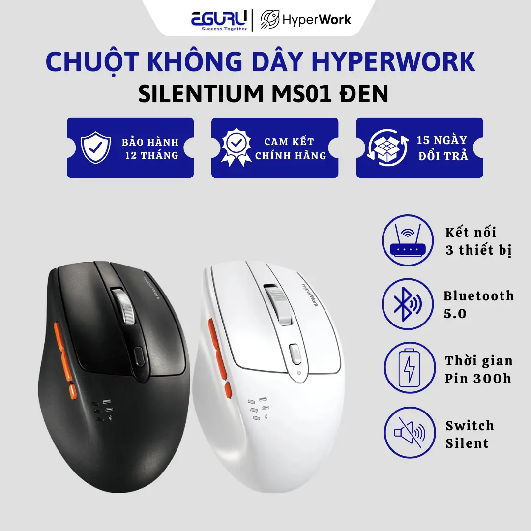 [LIVE] Chuột bluetooth không dây HyperWork Silentium MS01 | Chính Hãng BH 12 tháng  - Click silent, 3 chế độ kết nối Bluetooth 5.1 & Wireless 2.4GHz  type A , type C - Cảm biến quang học - 800/1200/1600/2400 DPI - Thời lượng pin 300 giờ - Chuột văn phòng