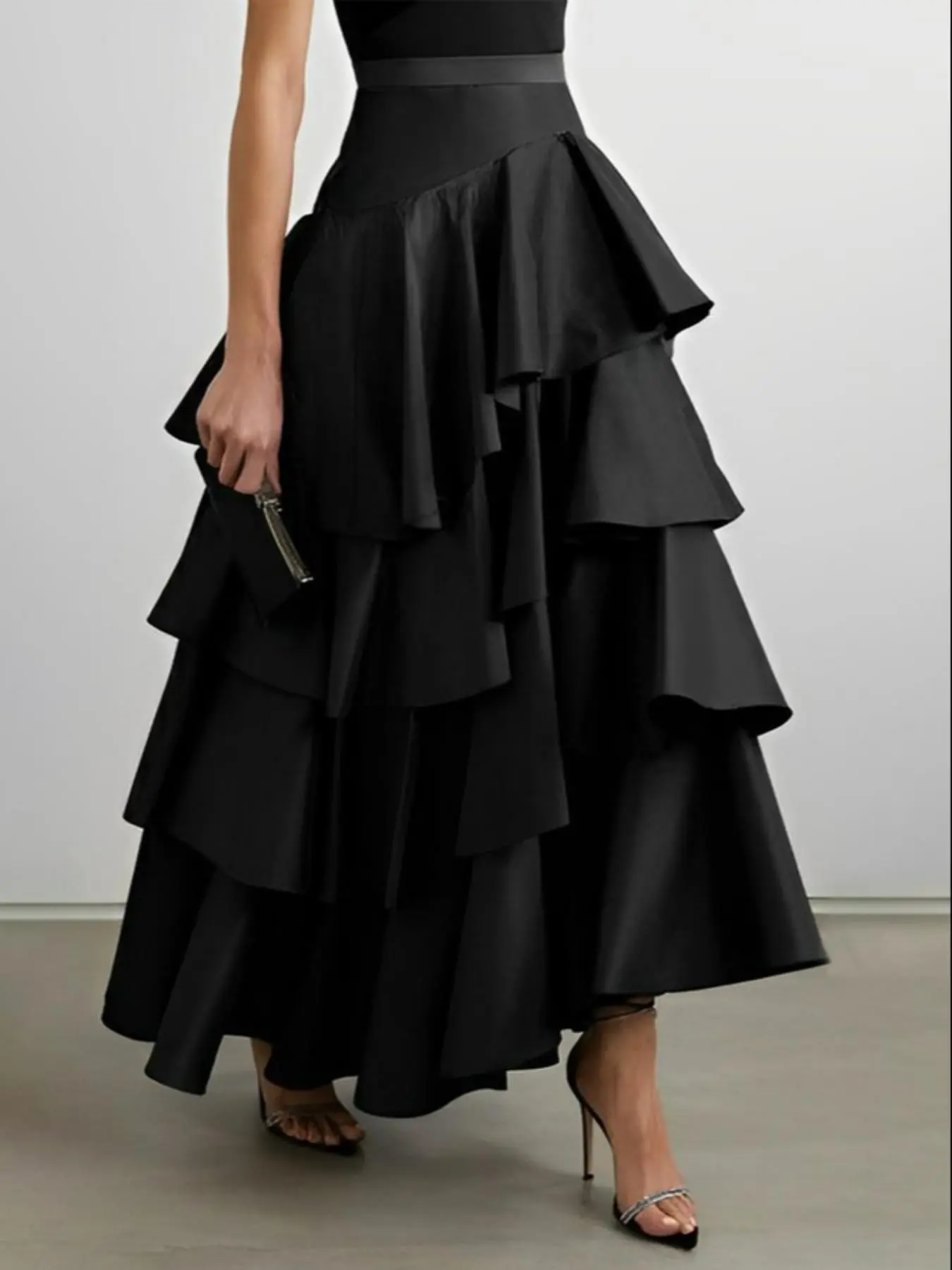 Women's Solid Ruffle Hem Tiered Layer A Line Skirt, Chic Elegant Fashion Casual Long Skirt for Daily Outdoor Wear, Ladies Bottoms for All Seasons