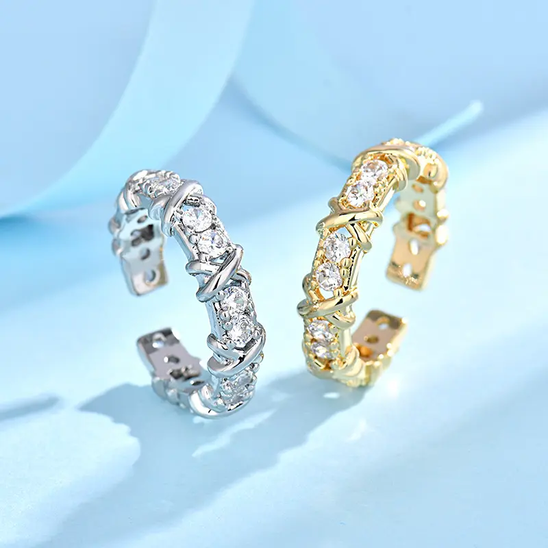 2025 New European and American Full Diamond Two-Color Cross Open Ring