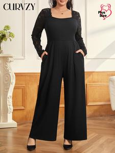 CURVZY Plus Size Floral Lace Pocket Jumpsuit, Casual Long Sleeve Jumpsuit for Spring & Fall, Women's Clothes for Daily Wear