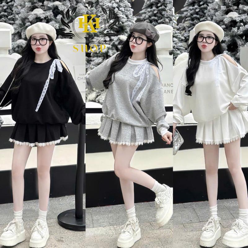 Set Đồ Nữ Set Nỉ Nữ Áo Khoét Vai Mix Nơ Ren Kèm Chân Váy Xếp Ly Viền Ren Có Quần Bảo Hộ Phong Cách Dễ Thương HK Shop9720