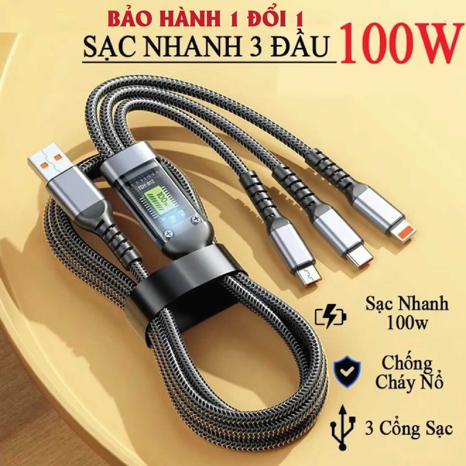 Cáp Sạc Nhanh 3 Đầu 100W, Dài 1.2m. Dây Sạc 3 Trong 1 Chống Rối. Chống Đứt. Củ sạc 2 cổng, Dây sạc 4 in 1, Cáp sạc 3in1