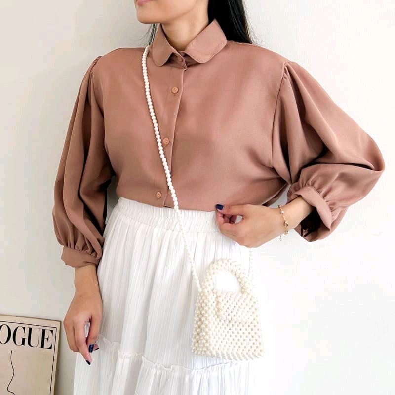 Blouse Kemeja Elze Atasan Wanita Shakila Twill Polos Lengan Balon Full Kancing Baju Panjang Oversize 8
