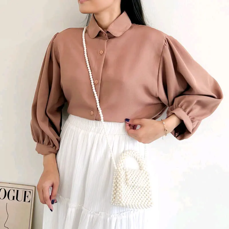 Blouse Kemeja Elze Atasan Wanita Shakila Twill Polos Lengan Balon Full Kancing Baju Panjang Oversize 7