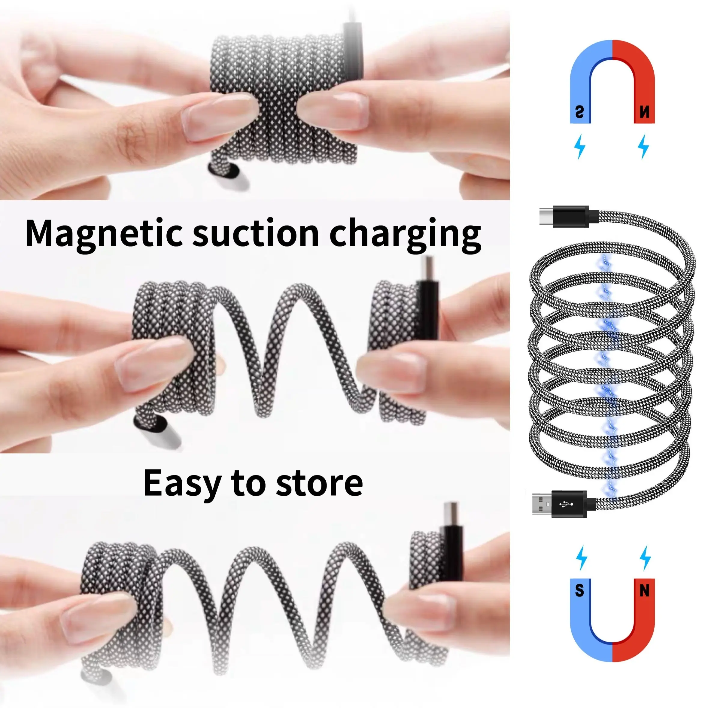 Magnetic Automatic Retractable Charging Data Cable Type-C Fast Charging Charging Data Cable Charging USB Interface Mobile Phone Cable Data Charger Cable Automatic Storage