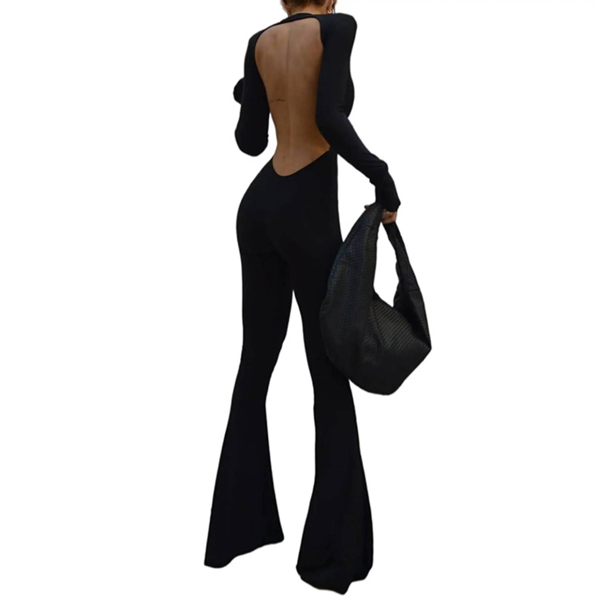 Áo Jumpsuit Quần Ống Loe Cho Nữ, Thời Trang, Dài Tay, Hở Lưng, Màu Trơn Bodycon Áo Liền Quần Quần