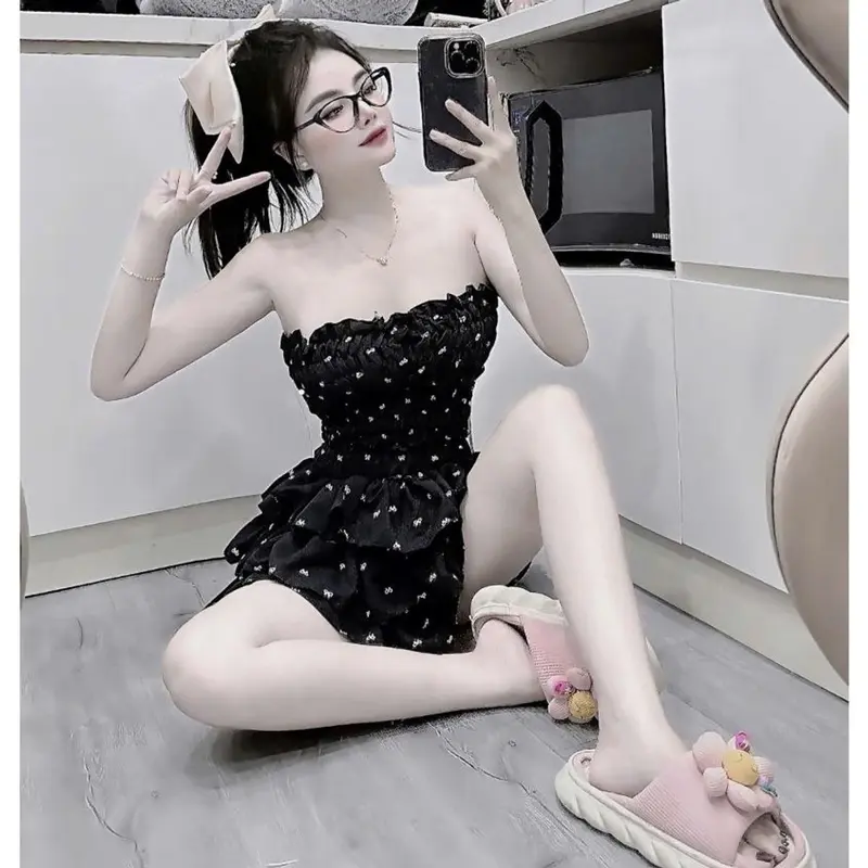 SET123 Set Áo Ống Nhún Chỉ Họa Tiết Chân Váy Tầng Nữ Women 1