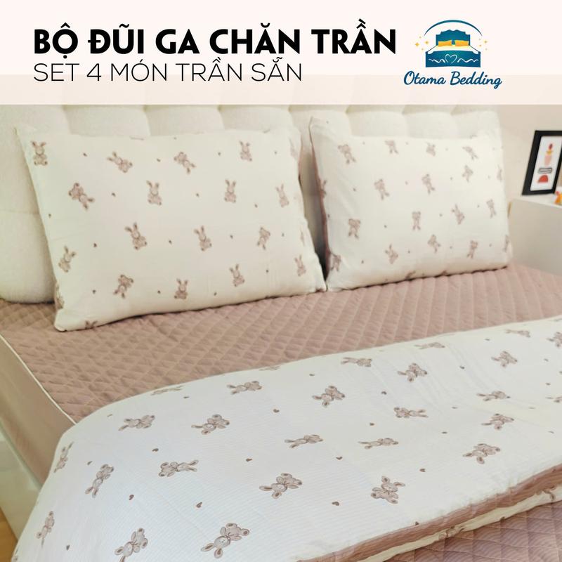 Bộ chăn ga gối cotton đũi trần ga trần chăn lót bông mềm mịn, họa tiết dễ thương cho bé Otama Bedding, bộ drap mền dùng 4 mùa đủ size
