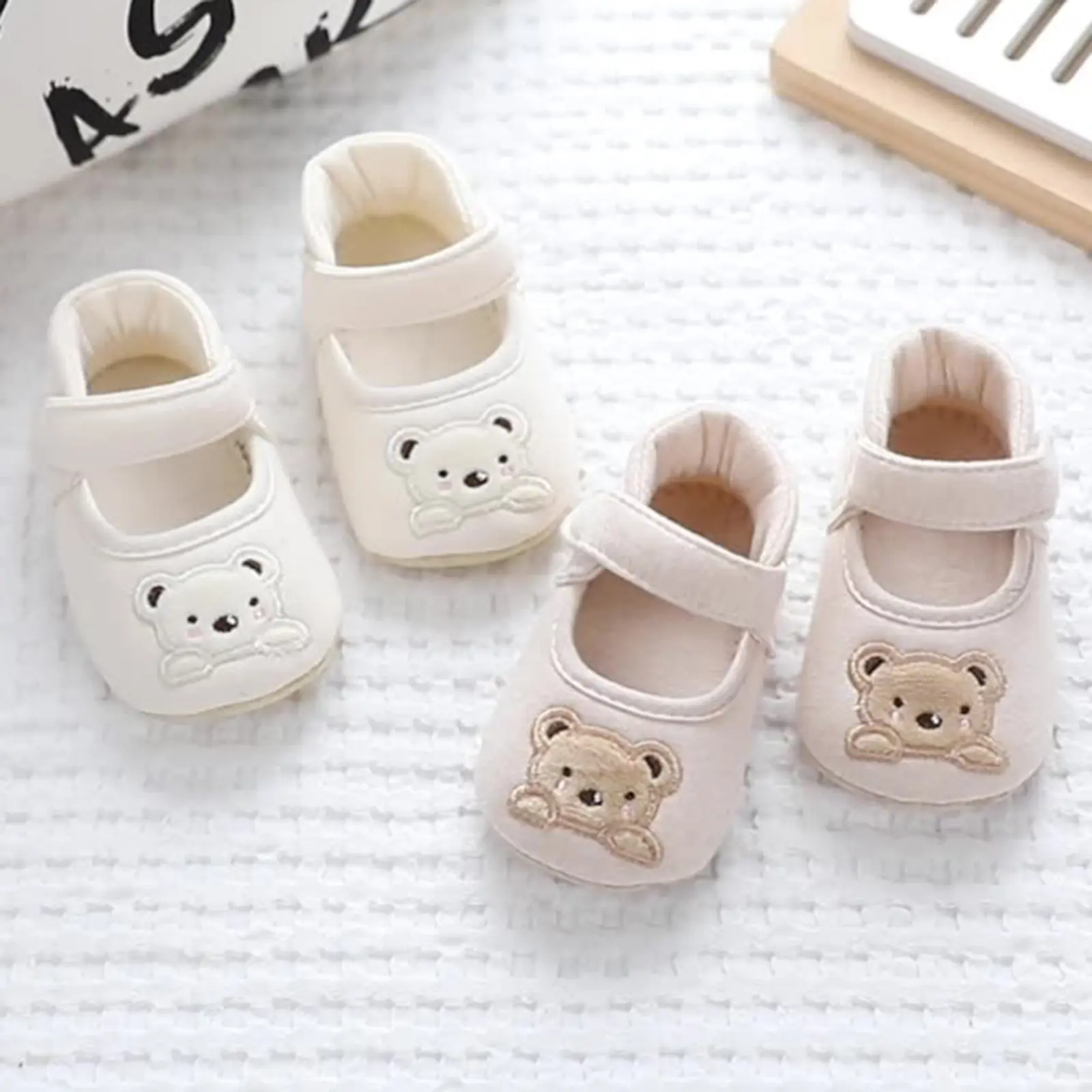 Baby Girl Cute Flats Non-slip Soft Soles Bear Embroidery Mary Jane Shoes Casual Walking Shoes for Newborn Toddler