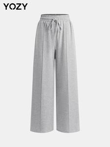 YOZY Women's Plain Drawstring Waist Wide Leg Pants, Casual Pocket Trousers for Daily Wear, Ladies Bottoms for All Seasons