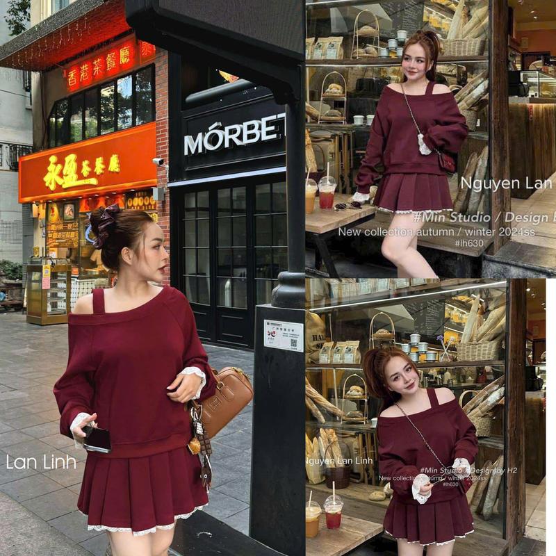 I0197 XẢ KHO Set bộ áo nỉ form rộng mix ren trễ vai kèm chân váy xòe tầng trẻ trung Thu Đông by IRIS STORE 0