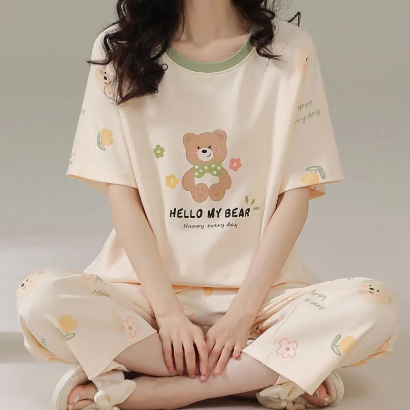 Bộ Đồ Ngủ Pijama 100% Cotton, Dành Cho Nữ, ngắn Tay Và Quần lửng Mùa hè, Phong Cách Ins Mới, Thích Hợp Cho Học Sinh, Đồ Mặc Ở Nhà Cho Mùa Xuân, Mùa Thu Và Mùa Đông, [2313] Đánh Giá Tích Cực
