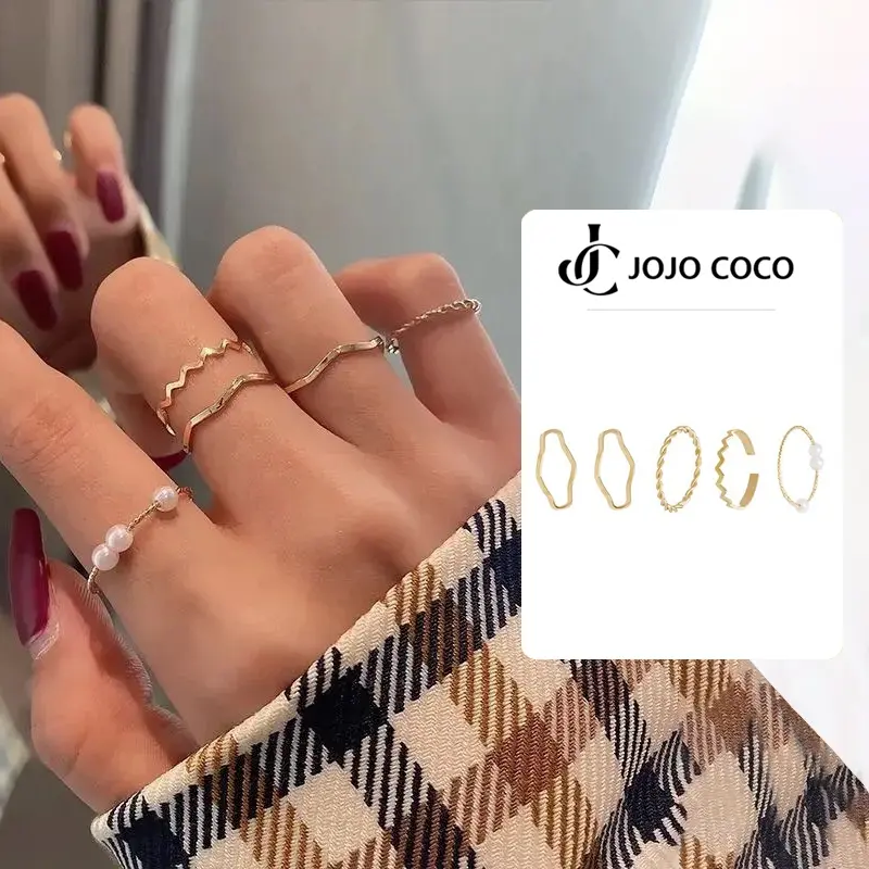 COCOJEWELRY 5pcs/set Simple Geometric Shape Pearl Rings for Women Korean Version Ins Personalized Index Finger Ring