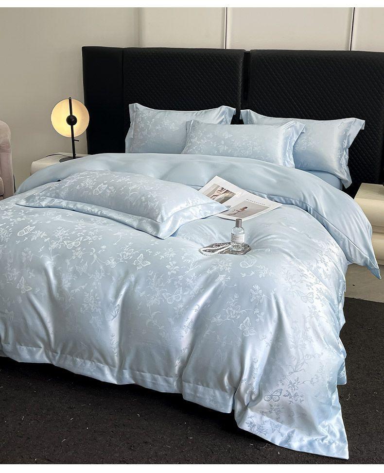 Product Introduction of 2025 Light Luxury Summer Jacquard Ice Silk Four-Piece Set Double-Sided Washable Silk Bed Sheet Duvet Cover Naked Sleep Tencel Bedding Three-Piece Set bedsheet  comforter decobilik  tidur bedding kapas  living king  fitted  bed  sheet four piece set comfor 12