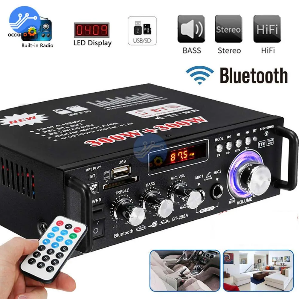 【MY 3 Pin Plug】Bluetooth Amplifier 2CH HIFI Audio Stereo Power AMP USB FM Radio Car Home Theater with Remote Control