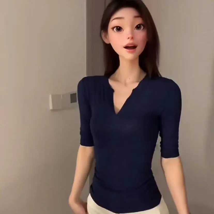 Navy Blue Adult Lady like Woman Three-Quarter-Length-Sleeved T-shirt Women's Spring and Summer Slim Fit V-neck Sweet and Spicy Top