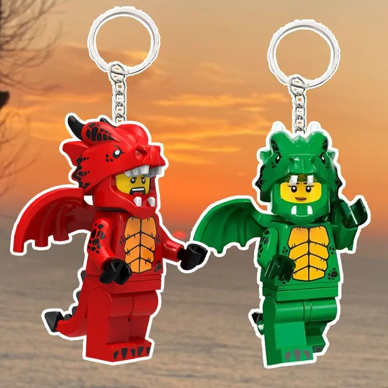 Compatible Fire Dragon Man Green Dinosaur Combination Building Block Minifigure Keychain Cute Couple Gift Educ