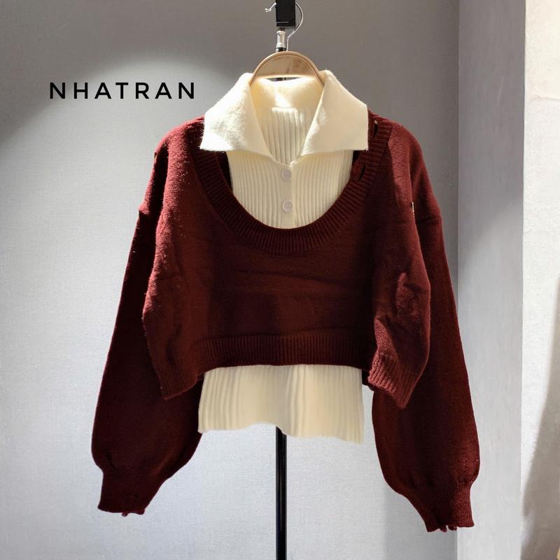 nhatran - Cặp áo len nữ tay dài cổ bẻ cài cúc tay dài len dầy dặn phom tà hớt Croptop Women Voi nẹp SULIS