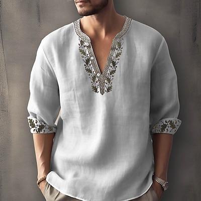 Product Introduction of Men's Ethnic Shirt Linen Shirt Long Sleeve Fashion Streetwear Designer Outdoor Daily Going out Spring & Summer Stand Collar Print Yellow Light Green Pink Red Navy Blue 7