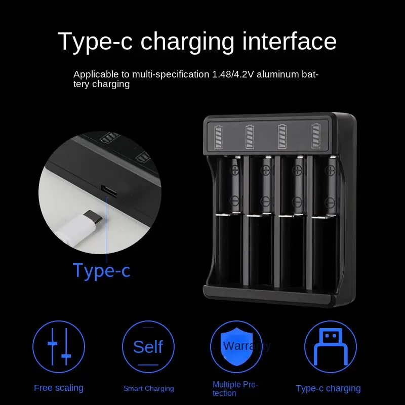 Bộ sạc nhanh, Youyuepin, với cáp Type C, cho Pin Lithium 4,2V, 4 khe, sạc thông minh, Thích hợp cho 14500, 26650 và 18650, đèn pin ánh sáng mạnh Phone Titan