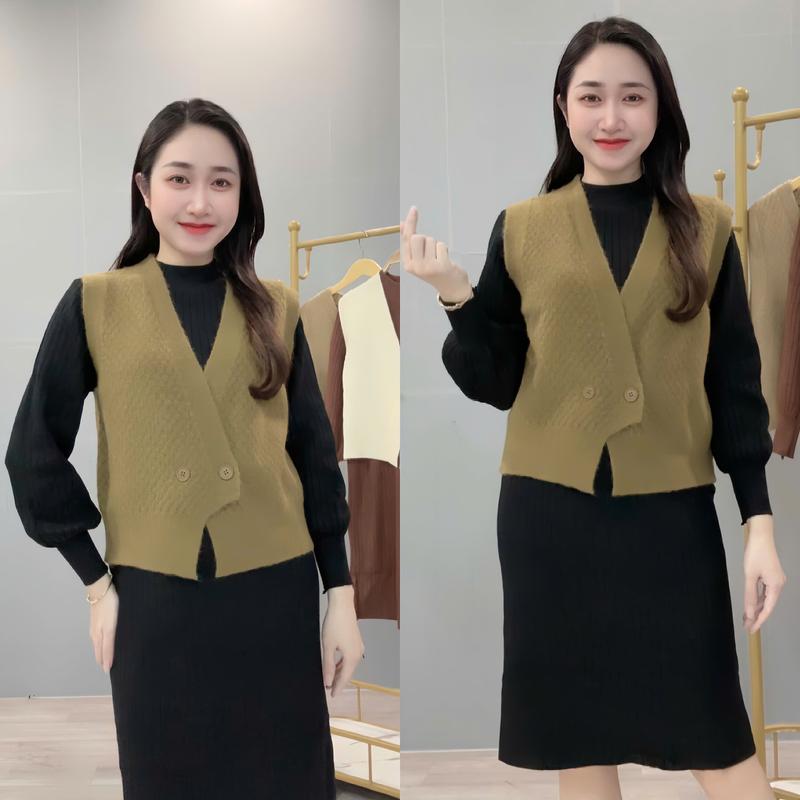 Áo gile len 2 cúc nhiều màu , hàng QC Cổ chữ V Nữ Top Đen Women