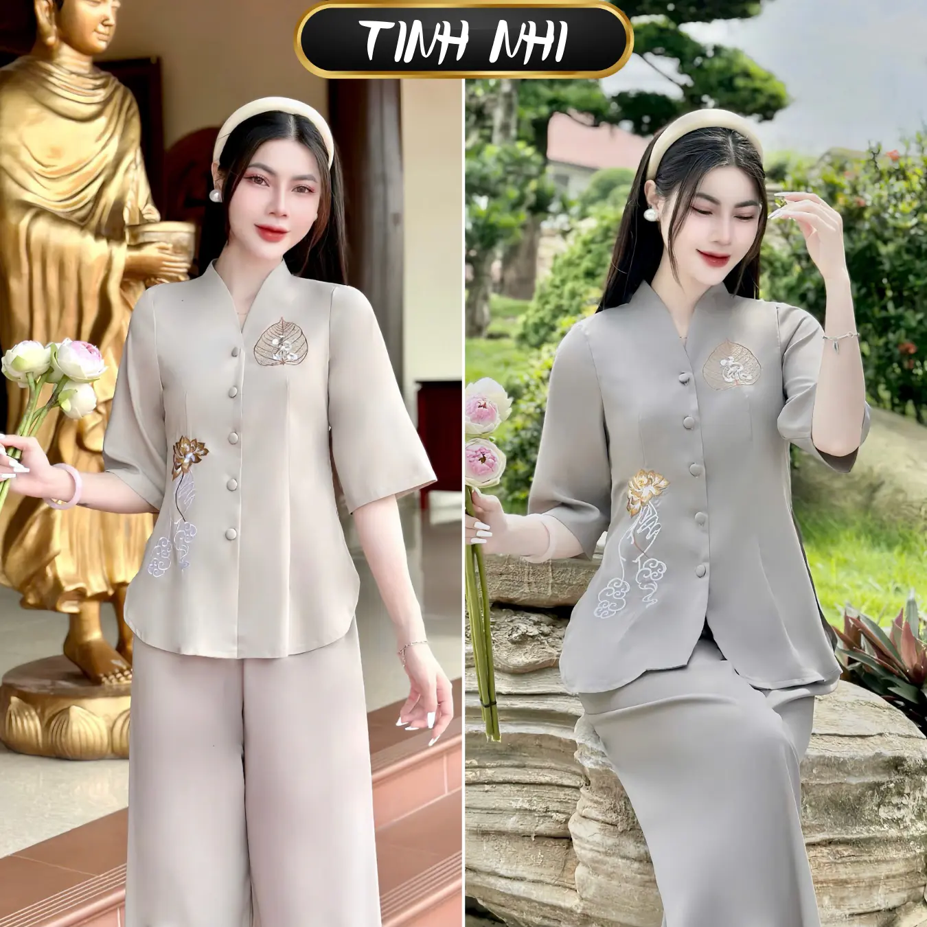 Đồ lam đi lễ lụa trượt thêu sen bồ đề Tinh Nhi PP139 Nhung Nữ