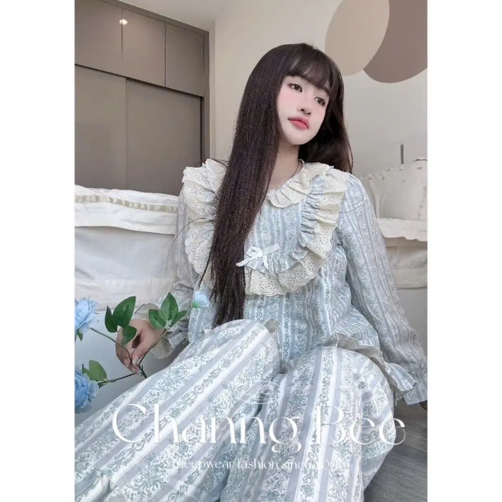 Bộ ngủ tiểu thư , chất liệu thô đũi hoạ tiết cổ bèo ren dài tay dành cho nữ