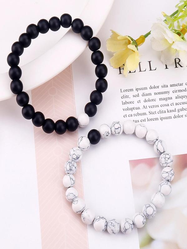 2pcs/set Unisex Simple Style Beaded Bracelet with Turquoise Texture Design, Casual Trendy Beaded Bracelet, Fashionable Jewelry for Women & Men, Couples Gifts 4