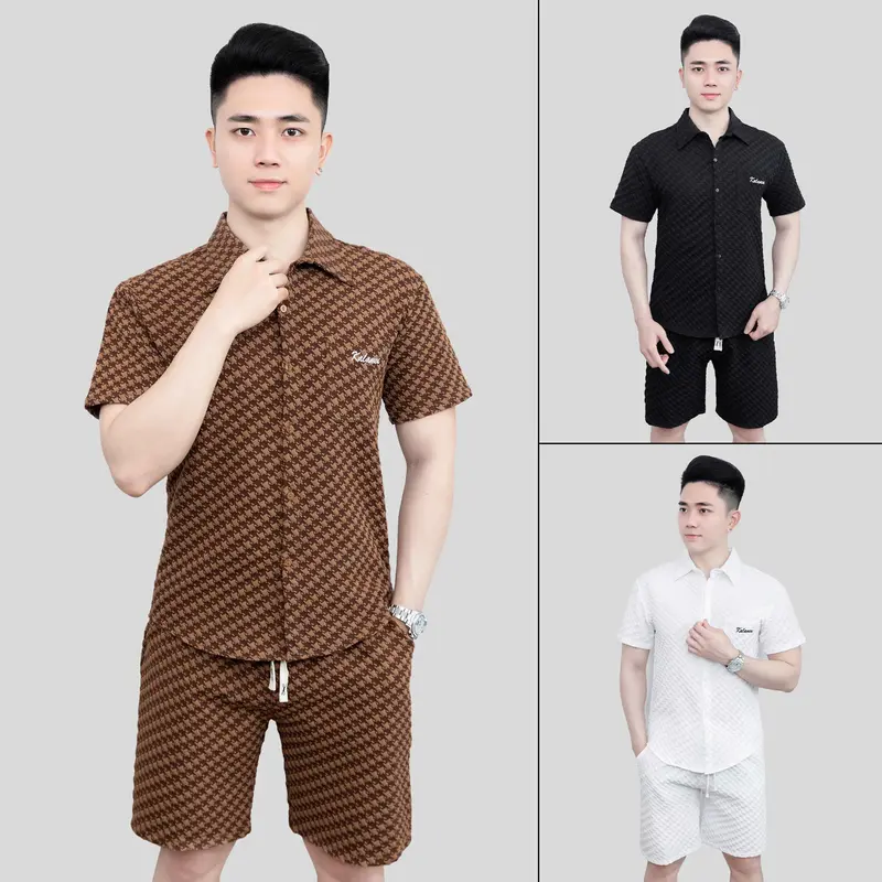 Sét bộ (áo sơ mi + quần short) chất liệu kaki xốp tay ngắn thoáng mát