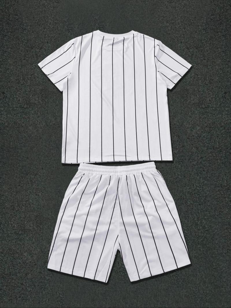 Product Introduction of Two-Piece Set Men's Letter Print Short Sleeve Crop Tee & Striped Print Shorts, Regular Fit Round Neck T-shirt & Track Shorts, Casual Summer Clothes Set for Outdoor 7