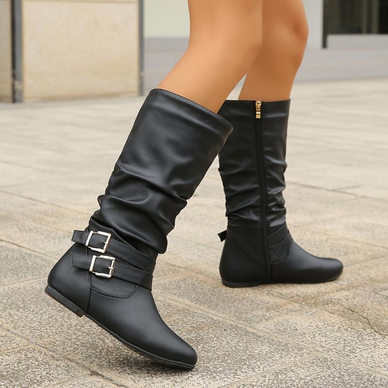 Strip Buckle Side Zipper Casual Boots, Round Toe Comfortable All-match Women's Fashion Boots For Autumn And Winter 1