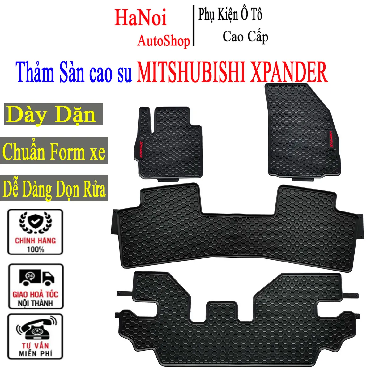 Thảm lót sàn Xpander bằng cao su đúc cao cấp, không mùi, chuẩn form, dễ lau chùi.