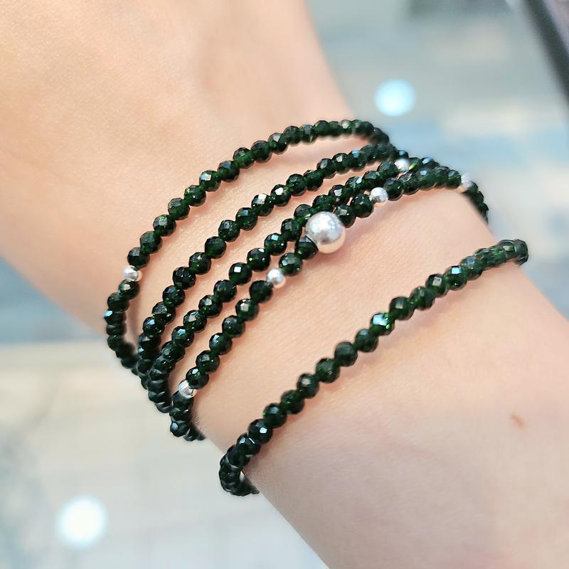 QMJ STORE - Q127 VÒNG TAY HY VỌNG MIX BI BẠC 925 THẠCH ANH XANH GREEN QUẤN 4 vòng cắt giác kim sa size 3mm nhỏ xinh đá tự nhiên