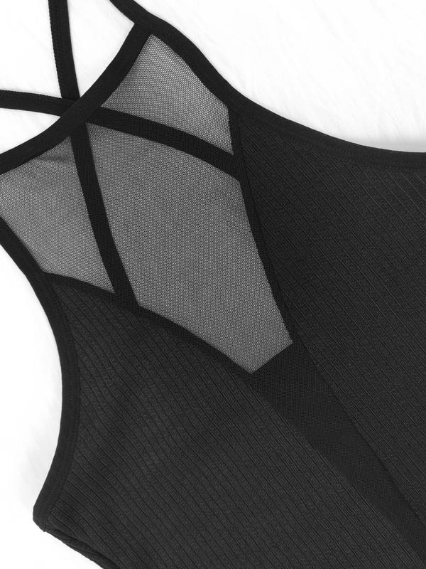 Women's Plain Criss Cross Contrast Mesh Sheer Sexy Lingerie Top, Casual Soft Breathable Sleeveless Crop Cami Top for Summer, Fashion Women's Lingerie for Daily Wear 2
