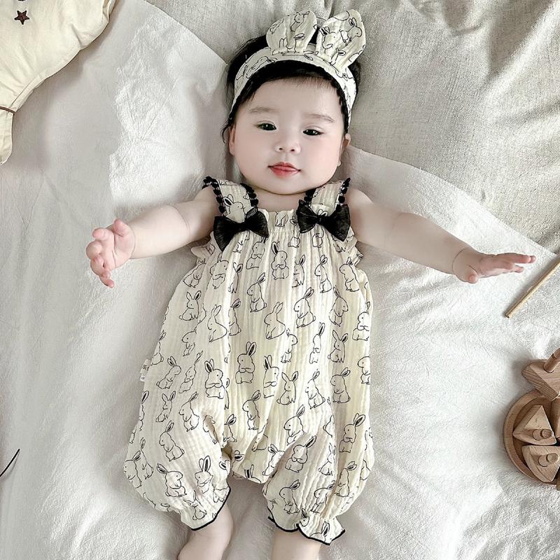 Áo liền quần Bodysuit hai dây kèm turban vải xô muslin Áo liền quần cho bé gái SLH174
