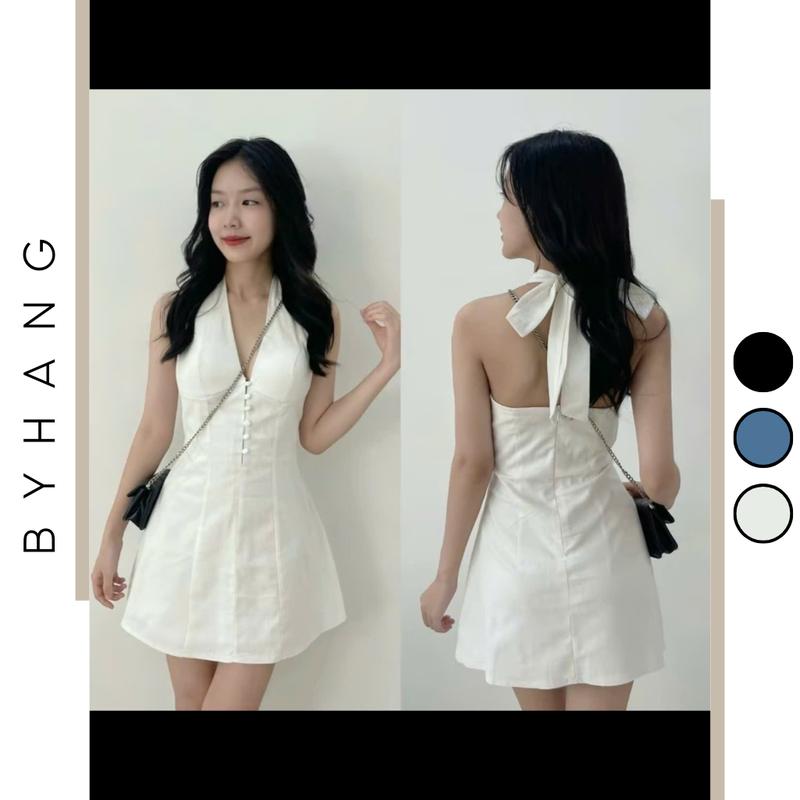 BYHANG Đầm Cổ Yếm Cột Nơ Hở Lưng Sexy Form Xòe Chất Linen Có Mút Khóa Kéo Lưng Nữ Women Dress