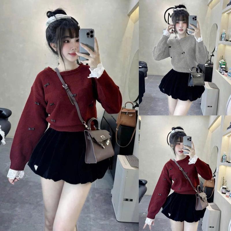  Bộ thu đông Noen áo tăm gân đính nơ phối ren kèm chân váy bí 2 lớp cho nữ - Women 