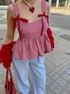 ウィメンズギンガムプリントタイショルダータンクトップ、夏のカジュアルなノースリーブトップ、日常着のレディース服
