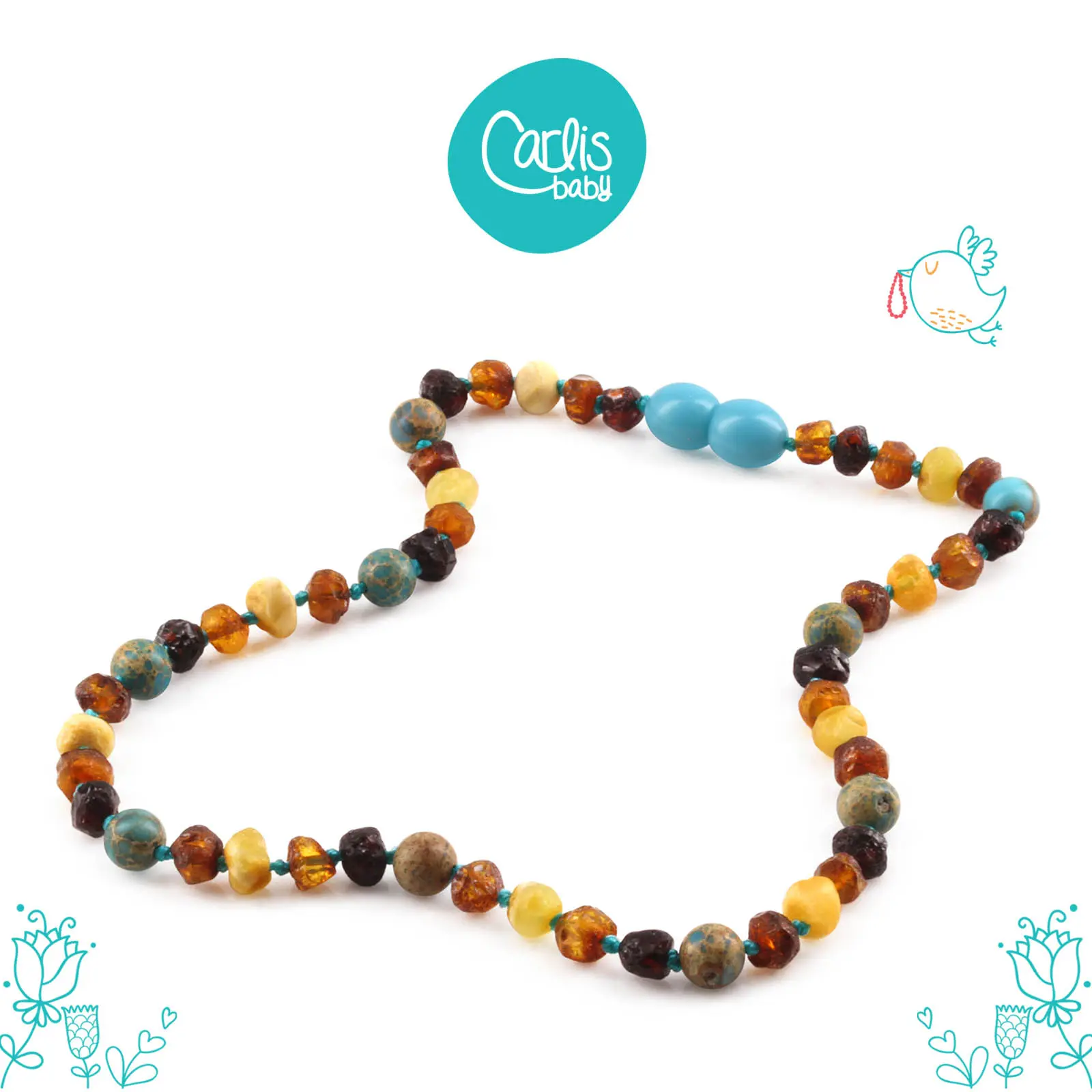 AGL52 Kalung Amber Tumbuh Gigi Bayi dengan Light Blue Imperial Jasper By Carlis Baby
