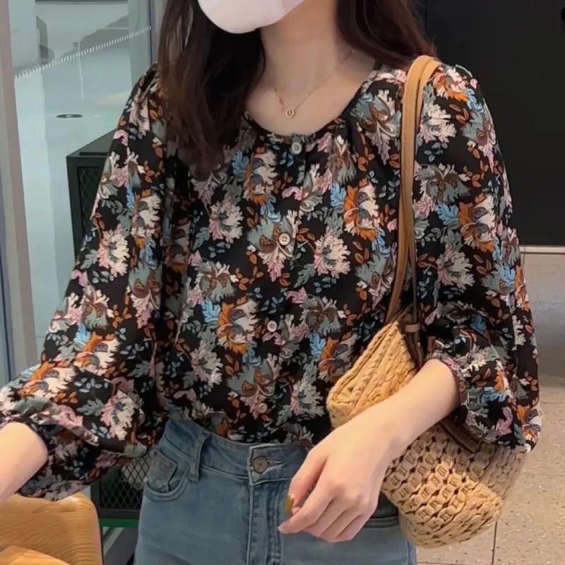 Áo Sơ Mi Hoa Dài Tay, Phong Cách Đất Bị Bỏ Rơi, Ngọt Ngào Và Tự Nhiên, Thời Trang Hồi Giáo, Phong Cách Hàn Quốc, Thanh Lịch, Ngoại Cỡ, Thường Ngày Và Dáng Rộng Vừa Vặn, Áo Tay Bong Bóng 1