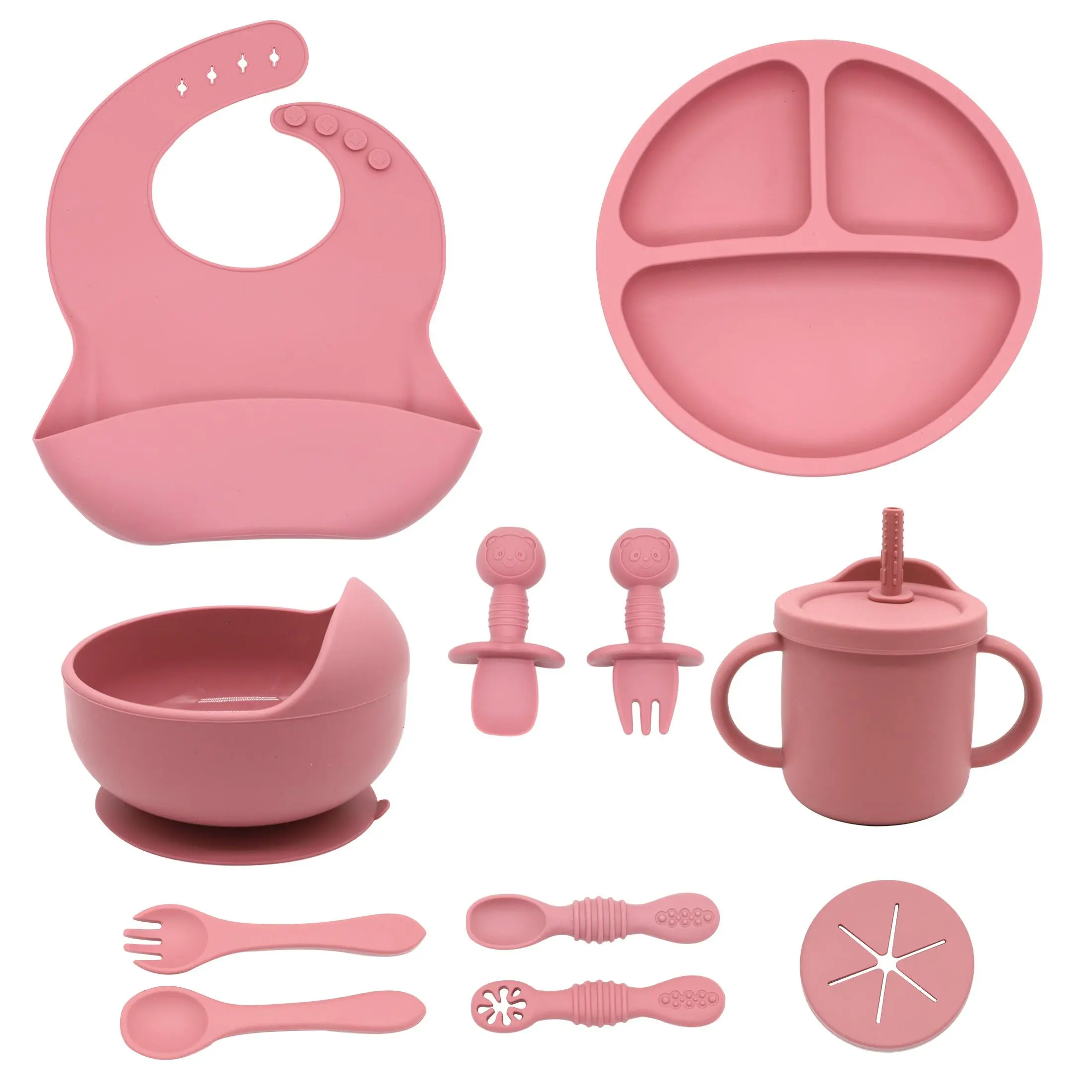 Silicone Baby Feeding Set, 11pcs/set Including Suction Bowl & Divided Plate & Spoon & Fork & Bib & Training Cup, Baby Weaning Guidance Supplies